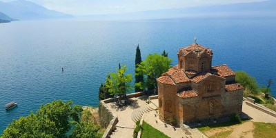 Beautiful landscape- St. John at Kaneo Church in Ohrid, Macedonia, Balkans